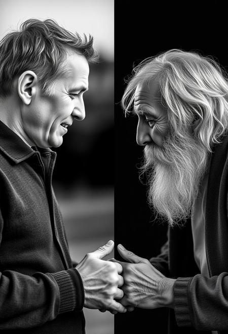 old man meeting his own younger self, the image is separated in two halves. one side is black and white with the younger adult version. one side is in hd color with the very old man. both versions looking at one another, hands touching in the middle
