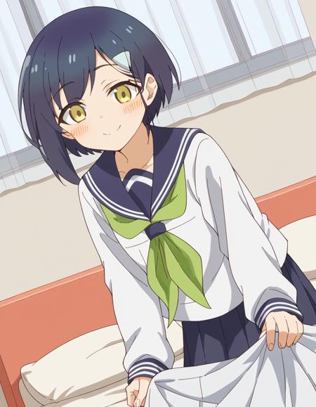 chiharu tsubameya, short hair, hair ornament, blue hair, yellow eyes, hairclip, shirt, long sleeves, school uniform, serafuku, sailor collar, neckerchief, blue sailor collar, skirt, pleated skirt, blue skirt, green neckerchief,