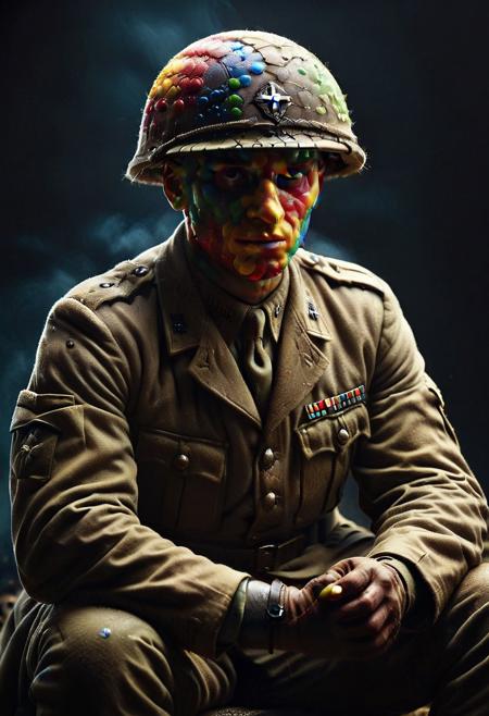 Skittles, Taste the Rainbow, dark, chiaroscuro, low-key, (ww1:1.3), solider, trench, helmet, war zone, sitting, detailed background, Detailed face, detailed eyes, perfect eyes, absurdres, high quality, masterpiece, very aesthetic