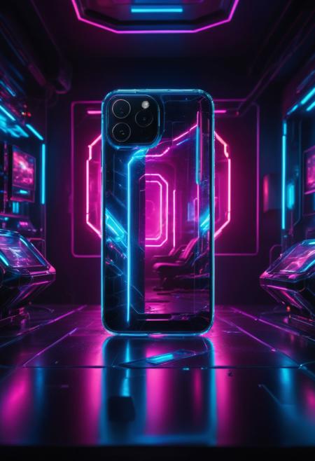 Cyberpunk style futuristic smartphone night scene, neon lights and technological elements fill every frame, multi-layered cinematic lighting of background neon lights and foreground soft focus light emphasizes the subject and creates depth, the polygonal design of the smartphone exhibits a high gloss , decorated with fine technological textured luminous elements that interact with the surrounding warm and cool neon lights, the entire phone exudes a futuristic and fashionable atmosphere, mysterious, showing the calmness and confidence of the smartphone, shot full-body, with the smartphone in the center of the frame.
