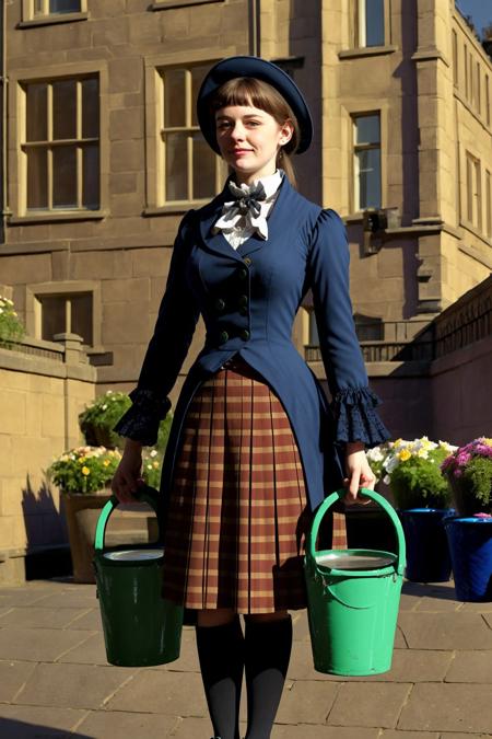 high quality, best quality, 1girl, solo,
a noblewoman in a Victorian style long hoop skirt is holding buckets on both hands in downtown London 19th century Victorian era,
after sunset, gaslights,
bucket punishment <lora:bucketPunishment:1>