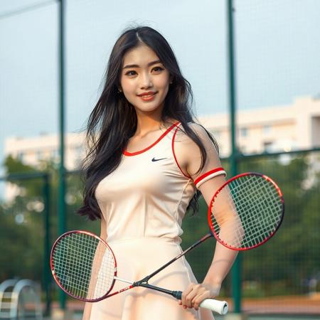 beautiful young woman, Standing pose, playground , badminton player dress, badminton racket, smooth skin, natural makeup, long dark hair, intimate eye contact, blush, soft body curve, realistic style, 4k