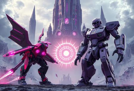 "Epic 3D render of two harmonized mechs poised for battle before the colossal Fandora, the Flying Fortress—a floating citadel of jagged obsidian spires, crackling violet energy cores, and levitating debris fields.
Left: Flying Pegasus Railroad Stampede – A sleek jet-form mechanoid in electrified magenta and royal purple, its wings swept back with ion thrusters blazing neon-pink plasma trails. Carbon-fiber hull adorned with holographic racing stripes and retractable missile pods.
Right: Super Defense Robot Lio – A towering humanoid guardian with matte-lavender armor, hydraulic limbs poised in a defensive stance, and a chest-mounted prismatic shield generator. Its visor glows with AI-targeting grids, while retractable tungsten claws extend from its fists.
The duo flank a central energy vortex, their mirrored poses creating dynamic symmetry. Fandora looms with storm-wracked skies, its foundations crumbling as gravitational anomalies distort the battlefield. Dramatic Dutch angle shot using Unreal Engine 5 ray tracing, Octane Render hyper-textures, and Raphael-style chiaroscuro lighting. Metallic surfaces reflect aurora-like energy waves, while splash ink effects blend with Houdini particle storms for a retro-futuristic clash. 8K resolution, ArtStation-trending composition, golden ratio framing, dominated by cyber-magenta and void purple with chromatic combat accents."