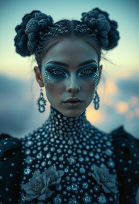 By Eric Lacombe By Patrice Murciano Frostpunk Fashion Photography, blue and silver, minimalism, smoked eye shadow, illuminated silver bulging biomorphic dot pattern, clouds landscape, knife flowers, bokeh ashes, volumetric particle dust, powdered paint pigment, vivid color, misty aether houte - couture rococo metal  clothing, holga medium format camera, etherial lighting, backlighting, in the style of. . ., professional ominous concept art, by artgerm and greg rutkowski, an intricate, elegant, highly detailed digital painting, concept art, smooth, sharp focus, illustration, in the style of simon stalenhag, wayne barlowe, and igor kieryluk.
