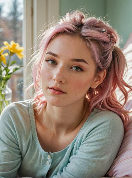 most beautiful picture ever of an amazing girl exposed lounging in sunny spring bedroom, exhausted but deeply happy , loving gaze, tousled hair, shiny skin, flushed cheeks, perfect colors, perfect ambiance, perfect lighting, perfect background, classy photography, multicolored pastel hair, ponytails,  photorealistic,(natural skin texture, hyperrealism, soft light, sharp), aesthetic, emo