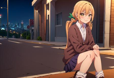 landscape,city_lights,cityscape,smile,blush,bright pupils,
<lora:KaraneIndaV1:0.8>,KaraneInda,1girl,solo,v-shaped eyebrows,low twintails,long hair,blonde hair,orange hair,bangs,green hair bow ribbon,hair between eyes,yellow eyes,
collarbone,wing collar,open collar,collared shirt,white dress shirt,brown cardigan sweater,buttons,puffy long sleeves,purple pleated miniskirt,white loose socks,
brown footwear,loafers,outdoors,clenched hands,<lora:add_detail:0.3>,<lora:è°æ´colorful_V1_lbw:0.3>,, Exquisite visuals, high-definition,masterpiece,best quality,Exquisite visuals,high-definition,masterpiece,best quality,18yo,Young female,Beautiful Fingers,Beautiful long legs,Beautiful body,Beautiful character design,