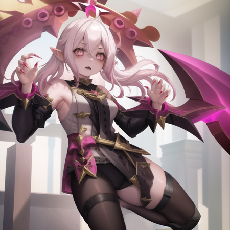 <lora:Briar:0.8> 1girl, solo female, briar, clothed, feet, foot wrappings, pale skin, white eyes, pink white hair, pointy teeth, zombie, vampire, pointy ears, sharp nails, (pillory), masterpiece, high quality