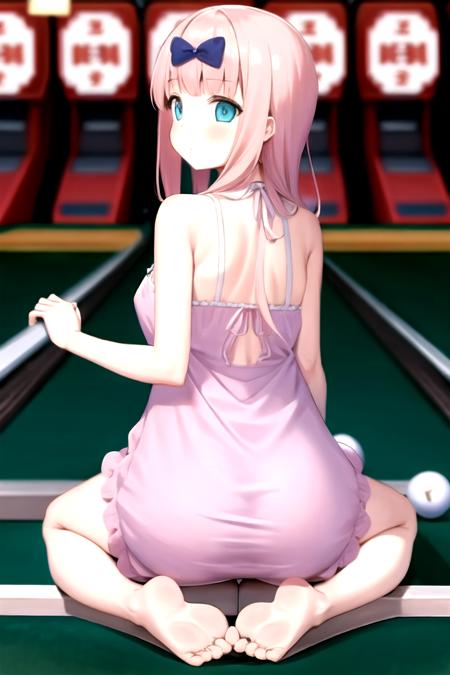 <lora:fujiwara_chika:0.6>, fujiwara_chika, masterpiece, best quality, finely detailed, distinct image, ultra resolution, ,, 1girl, pink hair, blue eyes, bowling alley, full body, back focus, close up, night gown,