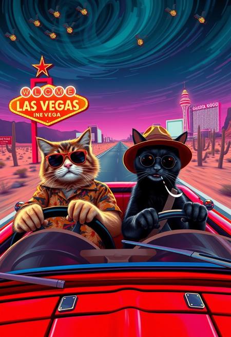 PERSPECTIVE FROM THE DRIVER'S SIDE OF THE CAR of Two cats riding in a red convertible speeding down a desert highway toward a neon-lit Las Vegas skyline. The scene mirrors the iconic ‘Fear and Loathing in Las Vegas’ shot, but with feline travelers. The driver, a scruffy tabby in oversized aviator sunglasses and a Hawaiian shirt, grips the wheel with a wild expression. The passenger, a sleek black cat in a bucket hat and round tinted glasses, leans back with a smug grin, a cigarette dangling from its mouth.  Windshield visible with glowing luminescent bugs on it, ((perspective looking from the driver side)), exaugurated eyes and smile, smoking a joint, 
The environment is infused with psychedelic energy—distorted road signs melt into the horizon, the sky swirls with surreal colors, and cacti appear to sway and stretch. The desert landscape warps in a heatwave haze, while neon reflections shimmer in the car’s chrome details. The perspective is exaggerated and chaotic, capturing the frenetic, trippy atmosphere of the original scene in a humorous and feline twist.