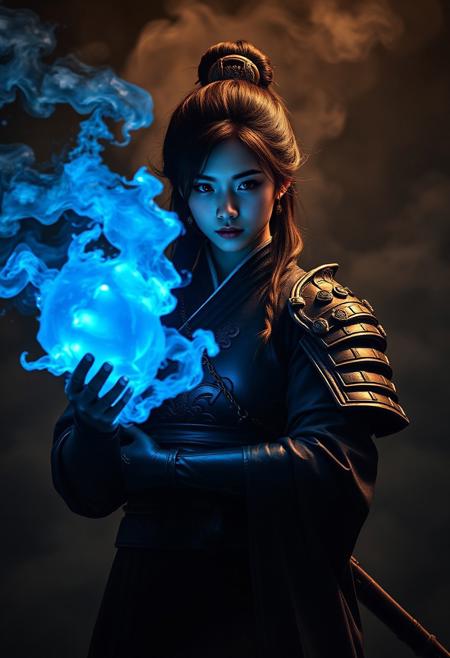 A samurai geisha, stands in a tenebrous, smoke-filled environment. Her countenance, framed by raven hair, is one of unwavering resolve, illuminated by the effulgent ice mist she wields. She is clad in meticulously crafted armor, its dark metal reflecting the blue flames. The image, meticulously composed as a medium shot with a slightly low angle, emphasizes her indomitable spirit and mastery over the elements. The chiaroscuro lighting technique accentuates the ethereal nature of her power, while the meticulously rendered background hints at a world engulfed in conflict and magic.  Cinematic hyperrealism, tenebrism, volumetric lighting, high-contrast, deep shadows, heightened gamma, painterly rendering.