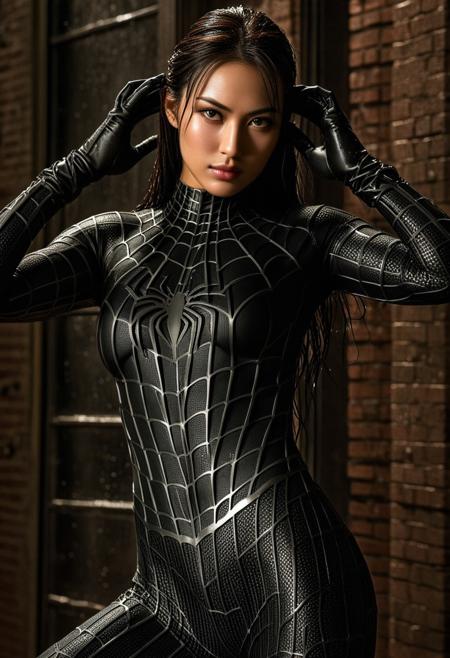 score_9, score_8_up, score_7_up, best quality, realistic, masterpiece, beautiful detail, hyperrealistic, night, ((1girl, woman body, large breast)), amazing detailed full body of a beautiful japanese girl, wearing a realistic and highly detailed black raimi spider-man suit, ((defined muscular girl)), professional model wears ultra - detailed black raimi spider - man suit, ultra - detailed and grained black raimi spiderman suit, suit covered entire body and hand, black spiderman gloves, wet, (spider man mask), (sexual attire), (dirty skin), close up, octane render, highly detailed, volumetric, dramatic lighting, (highest quality:1.1), (HDR:1.3), (top quality, best quality), realistic, high definition,