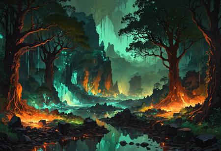 Lava flow incandescence in a volcanic field, Expressionist city in twilight, Forest palette of deep greens and browns, Crystalline ice cave with shimmering formations, Fireflies twinkling in a twilight grove, Torrential tropical monsoon rains, Stoic knight standing guard over ancient ruins, A forest where the trees glow softly at night