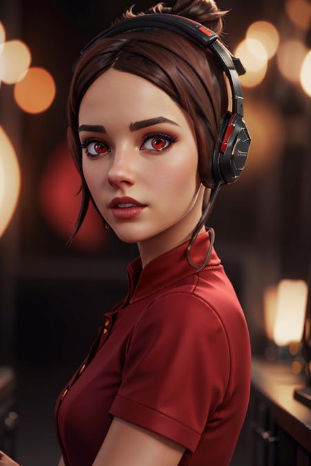 <lora:VRAMsDemi:0.5> vramsdemi, 1girl, solo, looking at viewer, brown hair, black hair, red eyes, makeup, headphones, high collar, red dress, short sleeves, closeup, bokeh