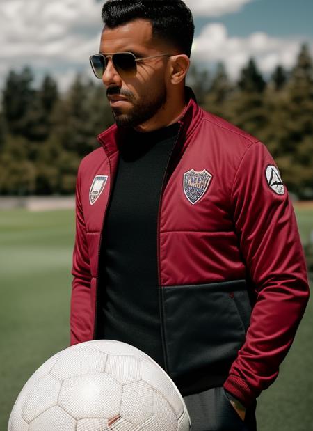 portrait of sks man (tevez:1), serious look with very short hair, dressed with red jacket and aviator glasses, holding a (soccer ball:1.3), (outdoors:1.2), natural lighting, 4k, 8k, 8k realistic, sharp focus, intricate, high resolution  <lora:tevez:1>