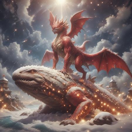 Create a high-resolution, professional product photo of a mythical creature, specifically a Dragon Queen of Tragic Endings, inspired by the art style of Hirohiko Araki (e.g., JoJo's Bizarre Adventure). The creature should be depicted in a triangular formation, front side view, atop a Fortress Whale, reminiscent of the 'dorohedoro' style. Incorporate elements of a high school mascot, particularly in the color scheme, which should predominantly feature red, brown, and white hues. The creature should have a robust, stocky body adorned with spike painting, evoking a sense of 'kawai' or Japanese cute aesthetics. Ensure the image is trending on Artforum and could be displayed as a museum item in Mexico.ChristmasWintery