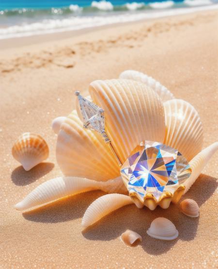 shells, bikini, diamond crystal, on the beach, photo, HD, 8K , realistic, HD, intricate, 8k, highly detailed,fun, sharp focus,