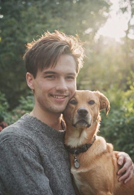 cinematic film still fashion photography portrait of 1man with cute dog as companion, headshot, sunlight , Fine Art & Beauty Photography – ,,light diffraction in frame, dreamy,hazy look.  Helios 44-2 lens mounted on a Praktica MTL 5B Helios 44M-4 lens, 58mm f/2,   in a garden. authentic happy smile towards camera, <lora:hand 4:0.3>