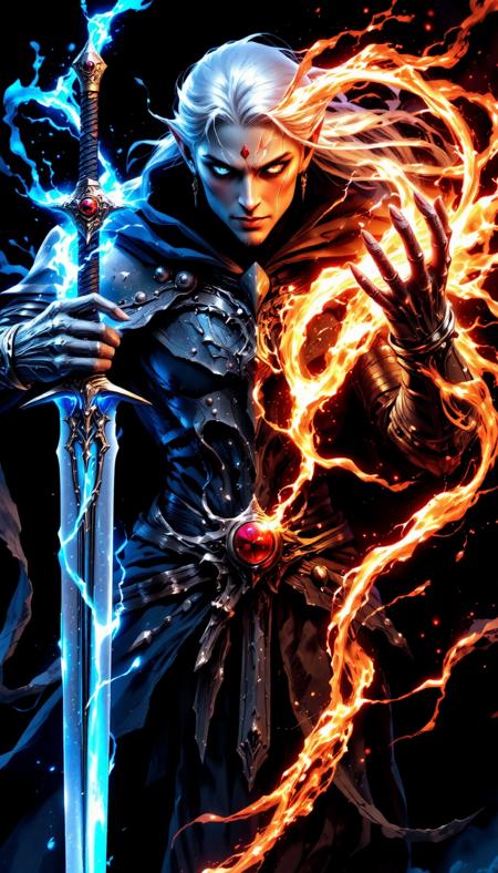 solo, score_9, score_8_up, score_7_up, score_6_up, hd, stunning scenario, realistic, wide angle, full body shot. A wide shot of a (male) drow elf with black eyes, square jaw, masculine traits, no beard, blue gray skin, and a long flowing silver hair. He wears a light dark with red details armor and golden greaves. He have glowing magic around him. The contrast between darkness and the neon blue and purple sets the scene.
On one hand he holds a magic sword with electric energy and the other hand is full in red flames, with magic fire. The light effects from the spell reflect off his armor and the surrounding ruins, intensifying the arcane spectacle.  embedding:badhandv4.pt   embedding:easynegative.safetensors  bailing_lightning, bailing_fire, mythp0rt, ArsMJStyle, DGC style, DNdGr41nyB0yz style