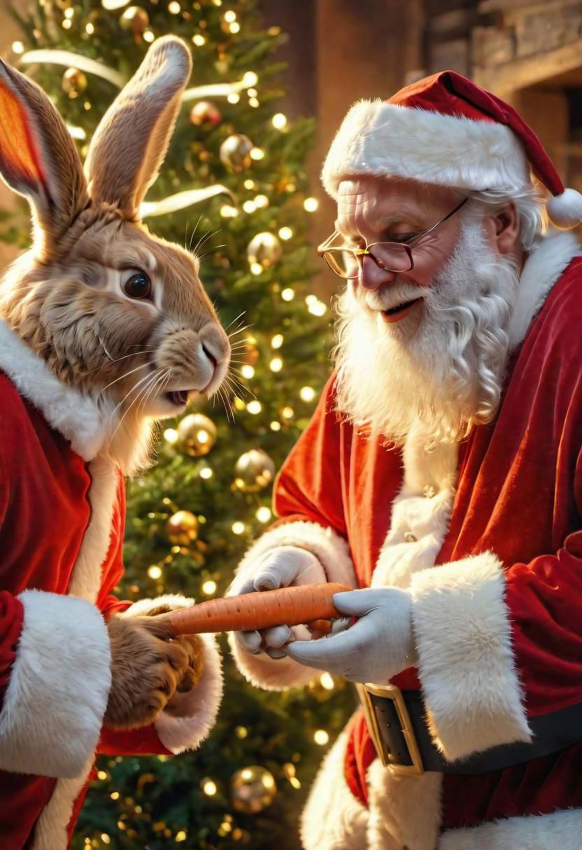 The easter bunny is giving laughing Santa claus a carrot with a ribbon, surprise, happiness, joy, festive background, gldn...