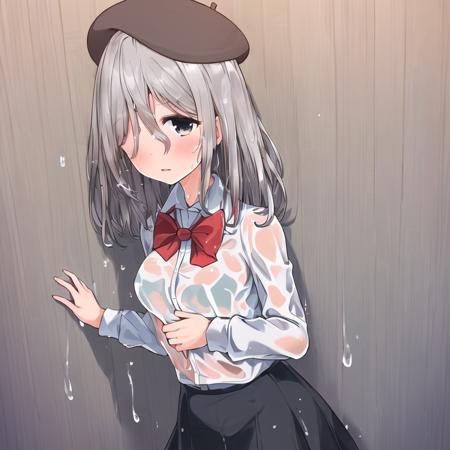 (((highly detailed, extremely detailed CG unity 8k wallpaper, illustration, highres, absurdres, beautiful detailed eyes, finely detailed breasts, highly detail hair)), ((masterpiece))
((beautiful detailed eyes)),
1girl, wet clothes, wet, solo, wet hair, hat, skirt, shirt, faceless female, wet shirt, white background, bow, bowtie, see-through, simple background, beret, black skirt, grey hair, faceless, blush, red bow, school uniform, long sleeves, red bowtie, black headwear, white shirt, medium hair, hair over eyes, facing viewer, cowboy shot, long hair, wringing clothes, no eyes, hair between eyes <lyco:laopo-000010:1>