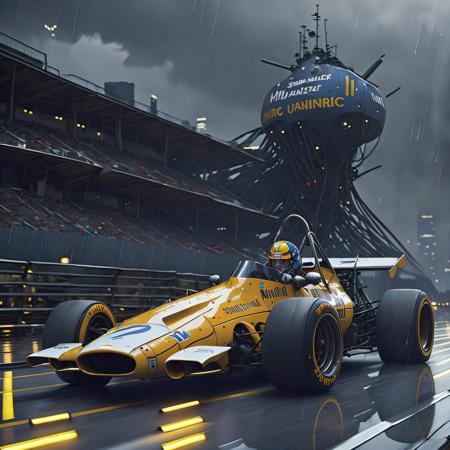 (m14a f1 car 70s) racing fast along a race track while raining, drived by (rz88mkultr4 cyborg) showing their internal mechanical suit, cityscape in the behind, by Simon Stalenhag, masterpiece, best quality, anime, highly detailed background, perfect lighting, best quality, 4k, 8k, ultra highres, raw photo in hdr, sharp focus, intricate texture, best quality, 4k, 8k, ultra masterpiece, 4K, high quality, dgtlv2 <lora:m14af1car70s-000005:weight> <lora:21Stalenhag:1> <lora:rz88mkultr4-v1:1>