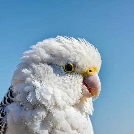 portrait, masterpiece, 4k, ray tracing, intricate details, highly detailed, hyper realistic, 8k RAW editorial photo.
a cute white budgie, head tilted and slightly blinking. The budgie's feathers should be soft and fluffy, the background should be a blue sky, dramatic light, shallow depth of field, high budget,