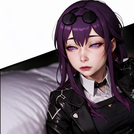 Highly detailed, High Quality, Masterpiece, beautiful, IncrsLimmyWakingUpMeme, <lora:LimmyWakingUpMeme:1>, 1girl, Kafka, purple eyes, jacket, <lora:Char_HonkaiStarRail_Kafka:0.8>