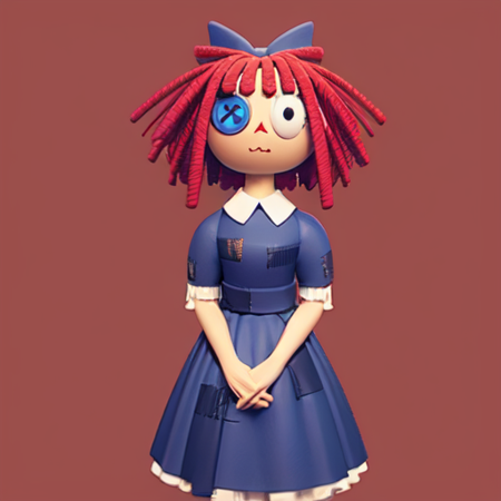 1girl, Ragatha, Red Hair, Black Eyes, Button Eye, Bow, Dress, Patches