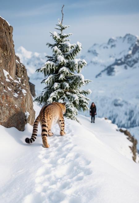 A majestic snow leopard ascends a rugged, snow-capped mountain, its fur blending seamlessly with the surrounding landscape. The cat's paws leave gentle prints in the fresh powder as it approaches a towering evergreen, its branches adorned with delicate, crystalline rime ice formations. In the distance, a woman stands at the mountain's edge, her figure tiny against the vast snowy expanse.