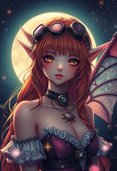 (Anime Style), Cosmic Steampunk Elf, seductive, innocent, space dust, Heavenly, rich vibrant vivid colors, full moon night background, (Portrait photo), (depth of field), (dynamic angle), (fine textures details), (sharp), (artistic image)