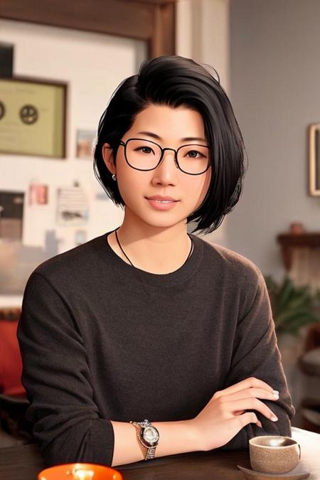 alexchen,1girl, solo, glasses, jewelry, realistic, blurry background, brown eyes, black hair, earrings, nose, necklace, shirt, lips, short hair, happy, mole, black shirt, piercing, sweater, sitting