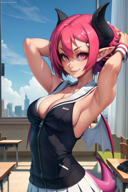 Raspberyl,pointy ears, black horns, pink eyes, solo, , cute expression,  happy,  smile,  cleavage,  arms up, 
 jacket, white sailor collar, zipper,  wrist cuffs ,  bat wings on upper back, demon tail above buttocks, skull,  bare shoulders, sleeveless,
upper body, classroom, windows, petite, 
(insanely detailed, beautiful detailed face, masterpiece, best quality) 
 <lora:Raspberyl-10V5:0.8>