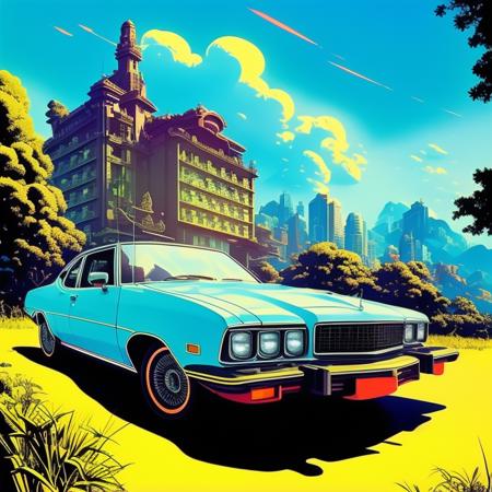 A clean 1980 scene of a retro car parked (in front of an hotel), viby, art by rzvice-15 trending on Instagram, featured on Behance, well-rendered, intricate, sharp focus, Unreal Engine 5, detailed illustration, ambient lighting, art by artgerm and greg rutkowski and alphonse mucha and simon stalenhag