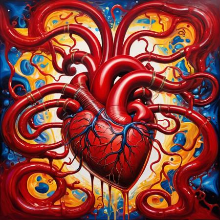 interconnected complete system, pop-art archetypal decadent composition of spark of life in medium of blood, blood flowing through closed system around intricate realistic heart pipes, atrium, powerful ventricles, arteries, veins, vortex spiral tornado inside channels flowing with blood, seminal pop-art oil-painting celebration
