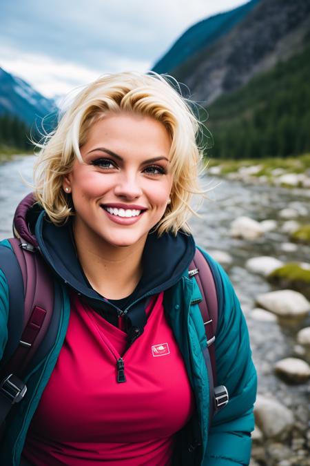 ((selfie)) photo of (ansm1th:0.99), smiling, outdoors, mountains, wearing a backpack, sweater, hiking jacket, rocks, river, wood, analog style (look at viewer:1.2) (skin texture), close up, cinematic light, sidelighting, Fujiflim XT3, DSLR, 50mm