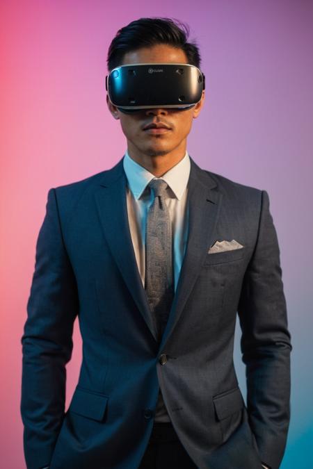Larry Clark style, top view composition, an Asian male, muscular, wearing a pair of VR glasses, he has short clean cut hair, he is wearing a suit, soft lighting makes his skin look smooth and delicate, neon gradient background, futuristic techy, dramatic, motion blur, multiple exposures, vibrant colors, light and shadow details, 8K, high definition, Unreal Engine 5 <lora:Touch_of_Realism_SDXL_V2:0.6> touch-of-realismV2