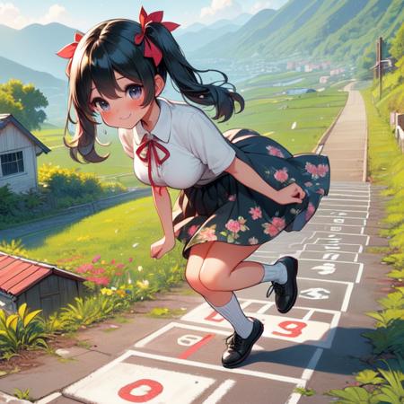 (((masterpiece))),  (((best quality))),  hopscotch,  hopping,  one legs on ground,  numbers in white large grid,  red fluttering floral skirt,  black stocking,  leather shoes,  banyan,  countryside,  utility pole,  solo,  1girl,  big tits,  hot,  sweat,  ribbon,  twintail,  smile,  shy,  blush,  (((hillside))),  (((ramp))),<lora:EMS-276124-EMS:1.000000>