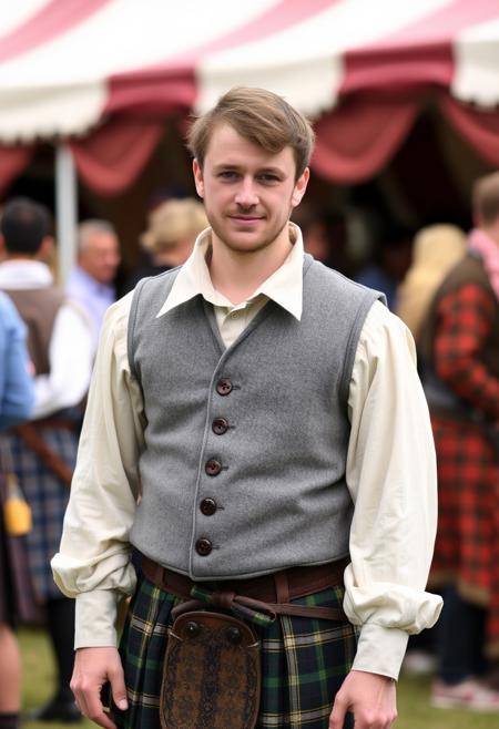 A trans-man at a renaissance fair wearing a kilt, wide-collared shirt, and a grey spotted vest.