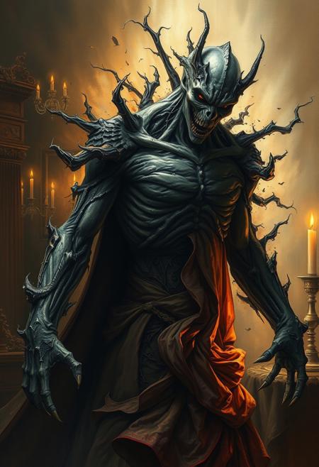 A monstrous, gothic antihero, where their hyper-detailed body is cracking apart, melting into surreal ink-streaked shadows, as if emerging from a fever dream. warm nostalgic realism, richly detailed genre scene, soft luminous portraiture, delicate aristocratic elegance, refined historical attire, painterly textures with impressionistic warmth, storytelling atmosphere, candlelit interiors or golden sunlight