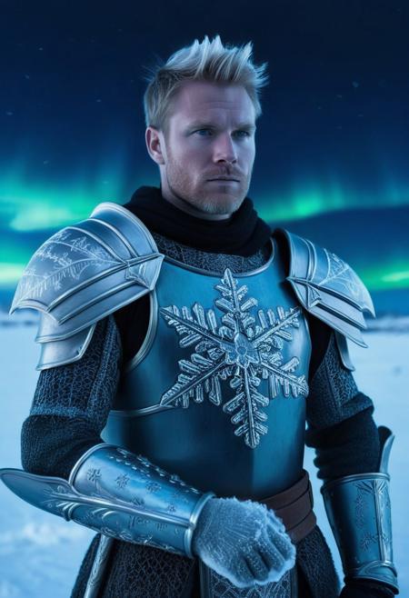 instagram photo, front view, portrait photo of a 30 y.o scandinavian man, fantasy, male knight, wearing armor of ice with snowflake pattern, handsome face, cinematic shot, serene arctic background, aurora borealis