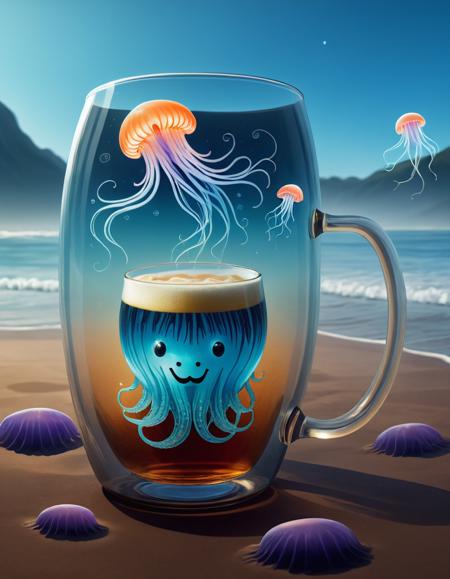 comic (Digital Artwork:1.3) of (Illustration:1.3) <lora:Smiling_Jellyfish_XL_Series:1> a mug with jellyfish in it, trapped in tall iced tea glass, surreal water art, jellyfish wearing glasses, transparent jellyfish, ultra realistic 3d illustration, translucent glowing jellyfish, jellyfish gelatin, soft airbrushed artwork, ultrarealistic illustration, surreal 3 d render, surreal glass goblets, victorian eraï¼jellyfish element, painting of an undercover cup,CGSociety,ArtStation . graphic illustration, comic art, graphic novel art, vibrant, highly detailed