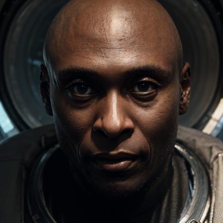 photo of Lance Reddick in space suit at a spaceship deck, <lora:LanceReddick-01:0.8> action, man, dynamic pose, bald, (masterpiece:1.2),<lora:add_detail:0.5> <lora:allymech:0.8>, epiCRealism