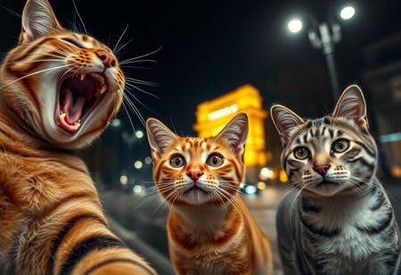 detailxl Photograph Taken on Nikon D750, Alphonse Mucha, 8K, athletic figure, Hyperdetailed, hyperrealism, Attractive,
A dimly lit, rainy street at night, with soft streetlights A captivating close-up selfie of three domestic felines, taken at night with a prominent, warmly lit, iconic architectural structure in the soft-focus background. The cat on the left is a tabby, captured mid-laugh or enthusiastic meow, with its mouth wide open, conveying pure joy. The central cat, an orange tabby, looks directly at the viewer with wide, curious eyes and a slightly surprised or bewildered expression, its face perfectly framed. The cat on the right, a grey and white tabby, has a more serene and contemplative look, gazing calmly. The foreground is well-lit, highlighting the intricate fur details and distinct expressions of each cat. The background glow creates a beautiful bokeh effect, emphasizing the golden illumination of the distant landmark. The overall mood is whimsical and endearing, suggesting a playful and memorable moment shared by these furry companions."  A soft, fading spark in the background symbolizes the lost hope and emotions fading away. The overall color palette should be cool tones, with shades of blue, gray, and a touch of warm amber from the streetlights.