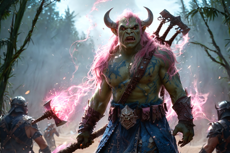 bioluminescent, an orc warrior with green skin, muscular build, wearing leather armor with fur, holding a battle axe, solo, from the Stormfang Clan, with storm-blue war paint and lightning symbols, a swamp with muddy water, reeds, mossy trees, detailed background, mining ore, swinging a pickaxe, defiant, standing tall, dynamic angle, wide shot, a raid on a human village, orcs attacking, fires burning, villagers fleeing, a sack of goods, nearby, on a sandy dune, shifting sand, dawn, soft pink and orange hues, early light, fresh air, late night, dark sky, bright stars, cold air, best quality, vibrant colors, photorealistic style, high detail, high-definition, hyper-realistic, extremely high-resolution details, fine texture, incredibly lifelike, realistic, not cartoon, not drawing, highres, 4K resolution, source photo, realistic photo, masterpiece, best quality, amazing quality, very aesthetic, ultra-detailed, detailed textures, natural lighting, soft lighting, swamp green tones, murky greens and browns, firelight, warm orange flicker, high angle shot, looking down, <lora:Mystic_Lumina_r1-000007:0.9>