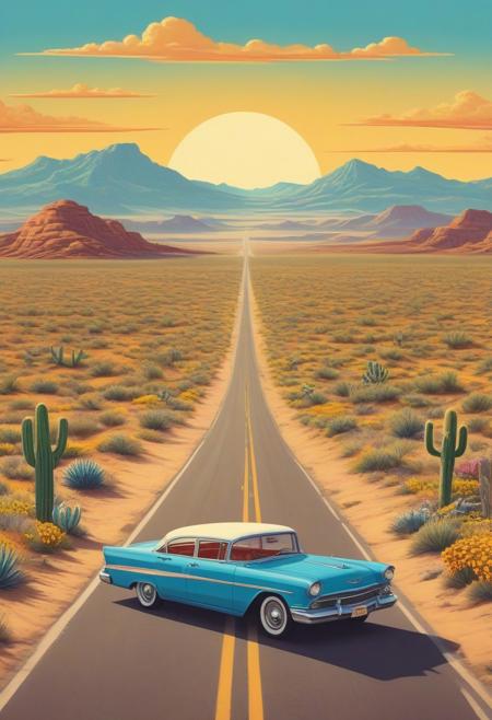Retro Road Trip in Deserted Landscape: A retro-styled desert road scene blending photorealistic, pop art, and folk art styles. Classic cars drive down an empty road stretching through vast, sunlit desert plains dotted with colorful wildflowers and cacti. The blue sky and golden sands create a striking contrast, while vibrant murals on a roadside diner add character. The scene conveys freedom and adventure, capturing the iconic appeal of a classic American road trip.