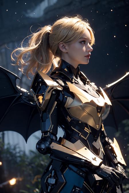 roblit,  female robot, (bat wing:1.2), enchanted forest with starry night and fireflies,  cloud, sky, wings, breasts, gold trim, mechanical wings, looking away , bare shoulders, collarbone, blonde hair, spine,  <lyco:add_detail:0.2> ,     <lyco:Mecharobot:0.8>