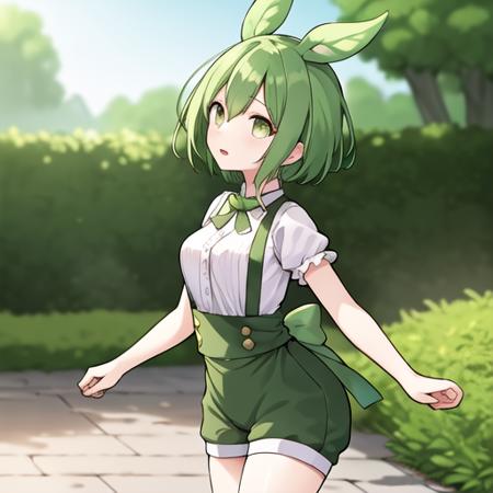 extremely delicate and beautiful, amazing,masterpiece, (Depth of field:1.2), 1girl, green short hair, suspenders,  <lora:zundamon_f_AC_v1.0:0.5>