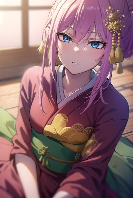 kayo sudou, blue eyes, pink hair, long hair, flower, green sash, hair ornament, japanese clothes, kimono, obi, red kimono, sash,