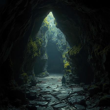 8k, source_photo, source_real, traditional media, real life photo, dungeons and dragons, medieval, deep and dark cave complex, underground, foreboding, natural caves leading deeper into the darkness, light emitting from moss on walls