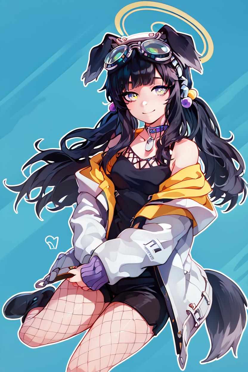 score_9, score_8_up, score_8, medium breasts, (curvy), cute, eyelashes,       BREAK, , ,,, zzHibiki, yellow eyes, black hair, long hair, animal ears, dog ears, dog tail, halo, (black shirt), white jacket, open jacket, black shorts, boots, fishnet pantyhose, off-shoulder, dog tags, purple eyes, <lora:Hibiki_BlueArchive_PDXL_v2:0.8>,   ,,,, BREAK, smile, looking at viewer, ,,, abstract background, white outline, cowboy shot, ,,, embedding:zPDXL, Expressiveh, ,,, <lora:CatalystStylePDXL:0.6>, <lora:SDXLFaeTastic2400:0.5>, <lora:Expressive_H-000001:0.4>,